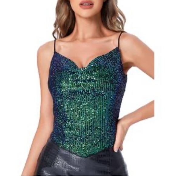 Women's Black Green Sequins Tank Top Glitter Sparkle Party Top - Picture 1 of 10